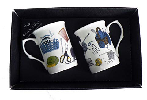 Knitting Mugs 2 x Bone China Mugs in a Black Gift Tray