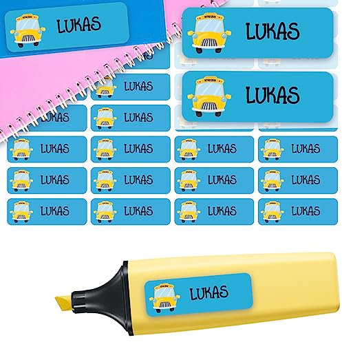 Sunnywall® Namensaufkleber Kinder Schule Bus Aufkleber Namensetiketten | 60 Stück Klebeetiketten zum Beschriften 4,8x1,6cm Kita Schulanfang | wasserfest