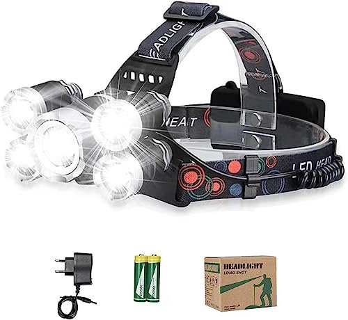Lavcus Linterna frontal LED superbrillante, 12000 lúmenes, 5 LED, 4 modos, incluye cable USB con batería 18650, ideal para rescate, camping, pesca, escalada, senderismo
