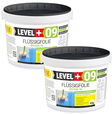 Level + 09 Flüssigfolie Spezial für Balkon, Terrasse, Bad & Dusche | Dichtfolie unter Fliesen auf Beton, Putz & Estrich – Flüssigabdichtung, Wasserdicht, Frostbeständig & Gebrauchsfertig – 8 kg