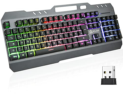 KLIM Lightning Gaming Tastatur Kabellos QWERTZ - NEU 2024 - Metallrahmen und robuste Tasten - Semi-Mechanische Tastatur für PC PS4 PS5 - Heller Regenbogen-Hintergrundbeleuchtung