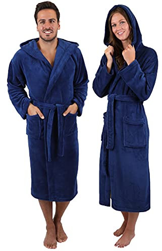 Betz Mikrofaser Bademäntel für Herren und Damen - Saunabademantel - langer Bademantel - Saunamantel mit Kapuze - STOCKHOLM - Größe L-XL Navy