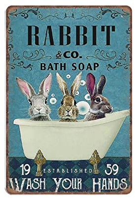 DAIERCY Creative Tin Signs Rabbit Co Bath Soap Established Wash Your Hands Funny Metal Sign Retro Wall Decor for Home Garden Bars Office Pubs Club Gift Plaque Tin Sign 140X200 mm
