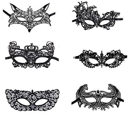 KAIAIWLUO Venezianische Masken,6 PCS Maskerade-Maske Sexy Schwarze Spitze Augenmaske mit Elastischen Bändern Laser Masquerade Maskefür Frauen Lady Chirismas Party Masquerade Ball