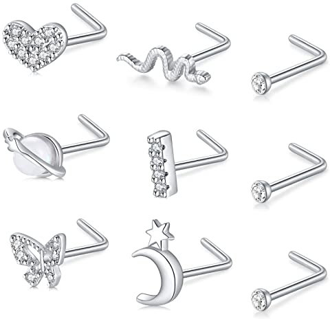 Mayhoop 20G Nasenpiercing Nasenstecker Chirurgenstahl mit Herz Blume Schmetterling Schlange Opal CZ Nasenpiercing Stecker Nasenring 9 Stück für Damen Herren Silber