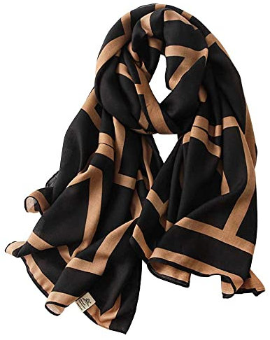 First Choose Langer Schal aus Baumwollleinen, für Damen, mit Sonnenschutz, leichtes Muster, Schwarz-braune Streifen, Large
