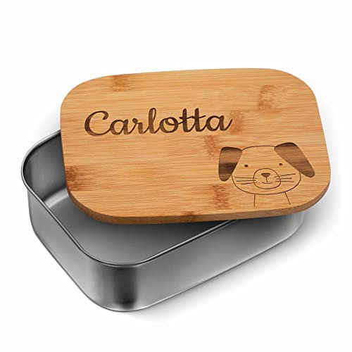 CHRISCK design Edelstahl Lunchbox Kinder mit Namen & Hunde Motiv - nachhaltige Brotdose Mädchen Jungen mit Hund - Lunchbox Kindergarten Kita Schule - Personalisierte Snackbox Kind Metall