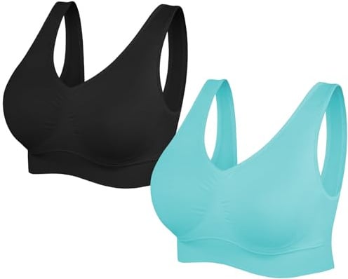 SIMIYA Super Comfort Bra, Womens Sports Bras Removable Pads Plus Size Sleep Bras for Girls in Yoga Bralette Leisure Stretch Crop Tops Vest (XXL, 2 Pack Black+Blue)