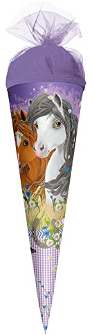 ROTH Geschenk-Schultüte klein Blumenpferde 50 cm - rund Tüllverschluss - Zuckertüte Schulanfang