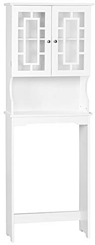 LIFEZEAL Scaffale sopra WC con un Armadio con 2 Ante in Vetro e Ripiano Aperto, Mobile su WC in Design Antidumping, Organizer Bagno Salvaspazio in Legno, 57 x 20 x 170,5 cm, Bianco