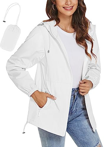 iWoo Regenjacke Damen Wasserdicht Atmungsaktiv Leicht Dünne Outdoorjacke Übergangsjacke Sommerjacke mit Kapuze Windbreaker zum Wandern Reisen Treking, Weiß XXL