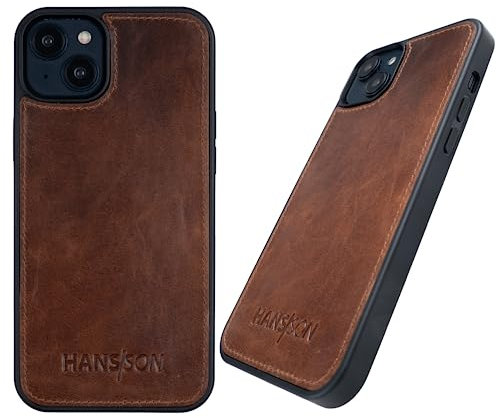 HANS/SON Echtleder Handyhülle in Cognac | iPhone 14 | Schmales Ledercase | Stoßfest | Langlebig | 6,1 Zoll | Passgenau | Echtleder | Braune Handyhülle aus Leder