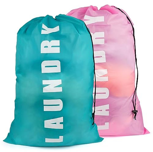 2 Stück Wäschesack Reise, 120L Wäschetasche mit Kordelzug, Wäschebeutel, Groß Faltbarer Schmutzwäsche Wäschesammler, 61x92 cm, perfekt für Zuhause, Reisen, Urlaub, Camping, Wohnwagen, Rosa, Blau