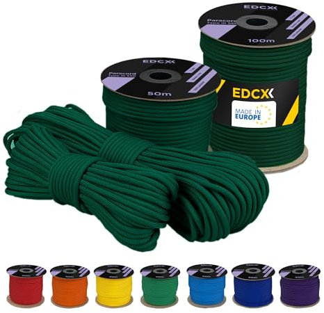 EDCX 4 mm Polyester Paracord 550 25+ Farben (15, 30 und 50 m) – Typ III, 100% Nylonseil, 7 Litzen Seil, 4mm Nylonseil in vielen Farben | Solid Colors (Emerald, 15 m)