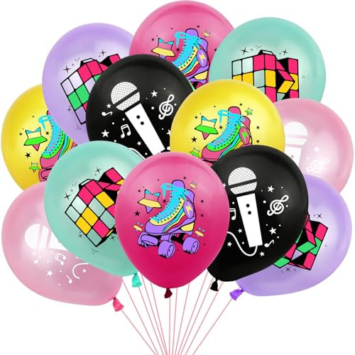 ALEGRE® Luftballons 80er 90er Party Deko, 24 Stück 80er Jahre Deko Ballon Bunt, Rollschuh Zauberwürfel Mikrofon Discokugel Luftballon für 70 80 90er Deko Hip Hop Disco Theme, Geburtstag Party Karneval