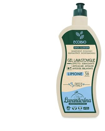 Lavanderina Gel Lave-vaisselle effet dégraissant anticalcaire, anti-halos, anti-odeurs, brillant sans allergènes au citron végétalien 650 ml