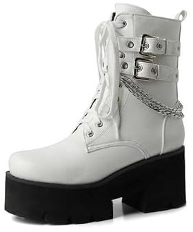 AnsNam Zipper Punk Moto Stivali Da Combattimento Comodi Short Gothic Booties Donna Nero, Bianco Goth Platform Block