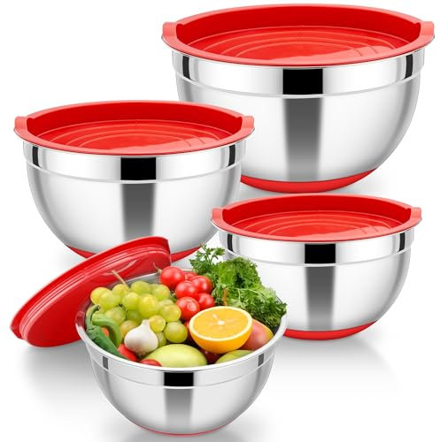 HaWare Mixing Bowl, Set of 4, Stainless Steel Salad Bowl with Airtight Lid and Silicone Base, Ideal for Cooking, Baking Storage, Stackable & Dishwasher Safe, 4.6L/2.8L/1.5L/0.7L - Red