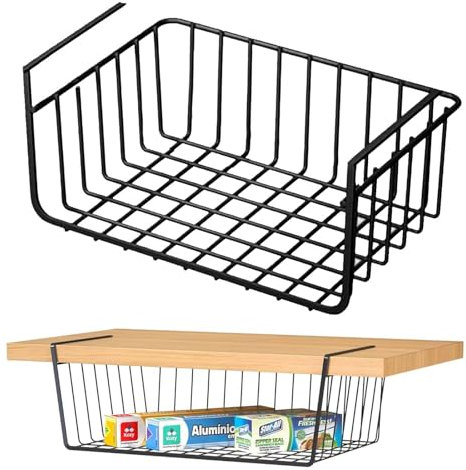 Enforose Unterregal Aufbewahrungskorb, Rostfreier Metall-Hängekorb Küche, Hängekorb Schrank, Unterregal Hängender Metall Drahtkorb Organizer für Küche, Speisekammer, Schreibtisch, Bücherregal