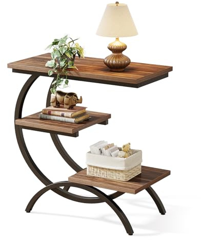 LITTLE TREE End Table, Narrow End Table with 3 Storage Shelves, Industrial C-Shaped Small Sofa Side Table for Living Room, Wood Slim Snack Table with Black Metal Frame, Rustic Brown