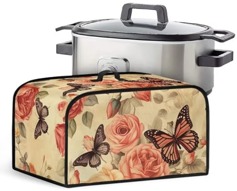 ZIATUBLES Schongarer-Abdeckung für Crock Pot Slow Cooker Tasche mit Tragegriff oben und Netztasche, Staubschutz, kompatibel mit Hamilton Beach 6–8 qt Slow Cooker, Retro-Blumen-Schmetterlings-Druck