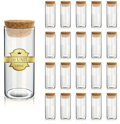 Set mit 20 Reagenzgläsern mit Korken, 150 ml, für Labor, Einmachgläser aus Glas, Glasflasche, Dragees, Hochzeit, Dekoration, Taufe, Gewürze, Süßigkeiten
