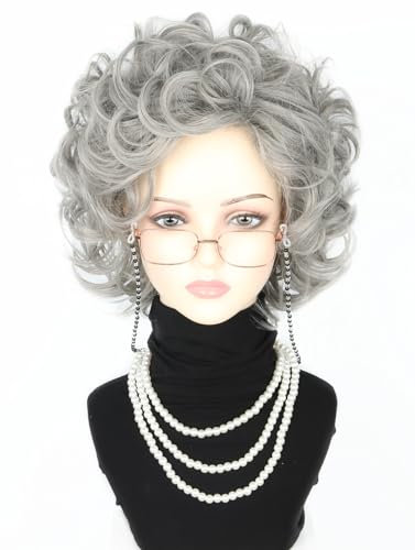 LeMarnia Alte Dame Perücke Set Oma Perücke Halloween Kostüm Perücke (grau)