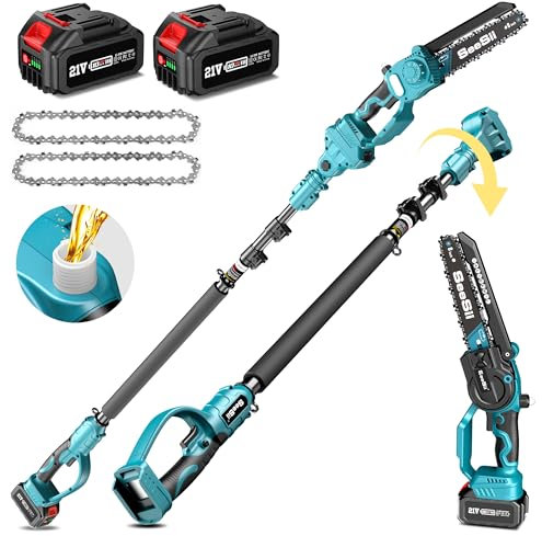 SEESII 2-in-1 Motosega Telescopica & Mini Motosega con 2 Batterie da 4000mAh, Motosega Senza Spazzole da 8 Pollici con Asta Telescopica, Estendibile fino a 15 Piedi Ideale per Potatura Alberi