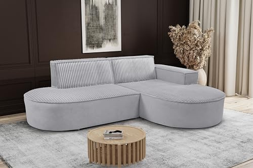 Kaiser Möbel - Ecksofa mit Wohnlandschaft, Eckcouch L-Form, Sofa 3-sitzer, Polstersofa, Bequemes Couch mit Ottomane für Wohnzimmer, Relaxsofa, Plüsch Cord, Modena Studio, Soft, Hellgrau, Rechts
