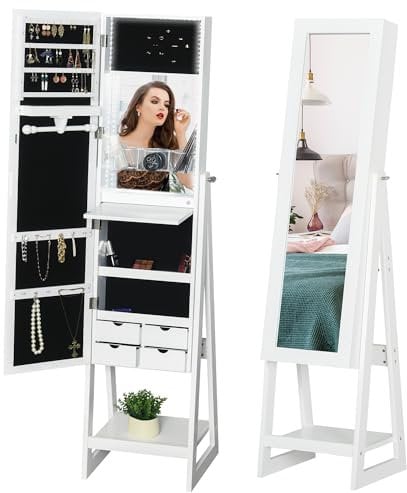 HOMCOM Armoire à Bijoux avec Miroir LED Rangement Bijoux sur Pied Multi-rangements dim. 40L x 37l x 161H cm, blanc