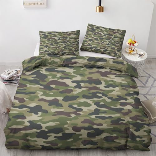 NOGAWA Bettwäsche Camouflage 135x200 - Bettbezug Armee Grün Militär, Bettwäsche-Sets 2 teilig, Weich & Atmungsaktiv Mikrofaser Wendebettwäsche und 1 Kissenbezug 80x80 mit Reißverschluss