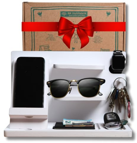 Organizer per comodino in bianco – Conservazione per gioielli e chiavi – Porta orologi – Organizer da scrivania in legno con supporto per cellulare – Docking Station per telefono – Regali per