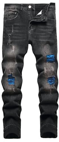JENY-LUCK Men's Skinny Slim Fit Ripped Distressed Stretch Jeans - Destroyed Moto Biker Pants With Zipper Deco