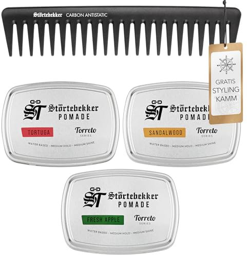 Störtebekker® Premium Pomade Wasserbasiert Probierset + GRATIS Styling Kamm - 3 x Pomade Herren 'Torreto Series' - Mittlerer Halt - Mittlerer Glanz - Haarpomade 125ml - Made in Germany