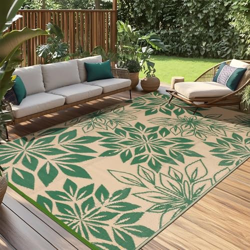 TUKDAK Outdoor Teppich Wetterfest 150×245cm, Grün Reversible Teppich für den Innen und Außen, UV-Resistant Carpet für Hinterhof, Leichtgewicht Recycelter Kunststoff Terrasse Matte für RV Balkon
