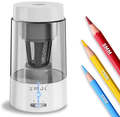 ZMOL Full Automatic Electric Pencil Sharpener, Rechargeable, 6-8mm, White | Pencil Sharpener with Container for Colored Pencils, Auto in & Out, Portable Safe Sharpeners for Home, Office