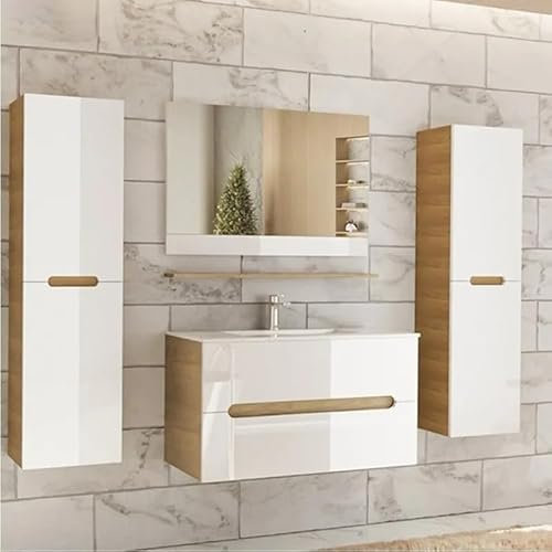 Faizee Möbel Aliyah Badmöbel Set 90 cm – 6-teiliges Badezimmermöbel mit LED-Unterschrank, Waschbecken, Softclose Schublade – Hochglanz Weiß & Eiche Optik – Modernes Design