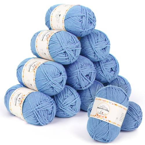 Aeelike 600g(12x50g) Wolle Baumwollgarn zum Häkeln, Strickgarn 100% Polyacryl Häkelwolle Bunt Zum Stricken, Häkeln und Kunsthandwerk, 5Ply Acrylwolle Set Baumwolle für Anfänger, Profis, Hellblau