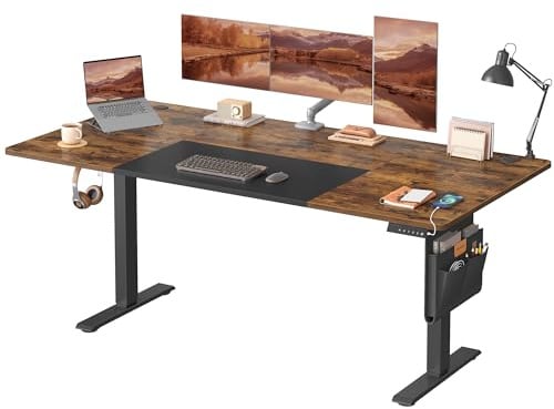 SONGMICS Bureau Électrique Réglable en Hauteur, 180 x 80 cm, Table Assis-Debout, Fonction Mémoire 4 Hauteurs, Port USB-C, pour Bureau, Télétravail, Marron Rustique et Noir Mat LSD028KD01