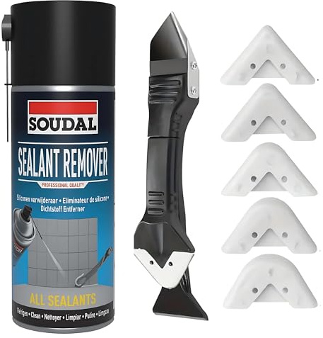 Sealant Remover Bundle with Soudal Sealant Remover 400ml & Caulk Tool, Solvent Cleaner for Bathroom, Kitchen, Windows – Removes Cured Silicone, Mastic & Residue