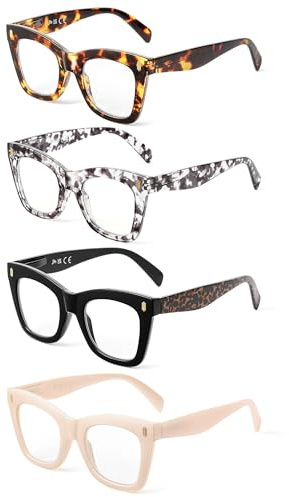 JM Lot de 4 Lunettes de Lecture Femme Yeux de Chat | Mode, Surdimensionné, Anti Lumiere Bleue Lunettes Loupe