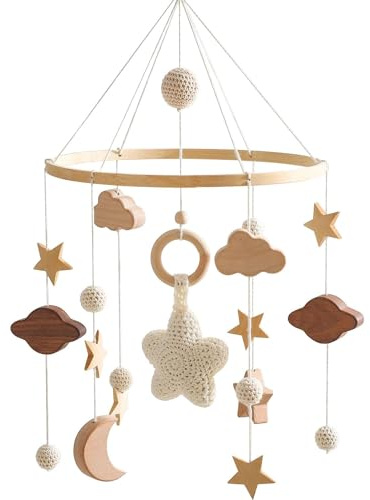 Mobile Waldtiere,Mobile Bettglocke mit Sterne Hölz,Mobiler Babybett Spielzeug mit Häkeln Stern Mond Wolken Rosa,Hängende Windspiel,Filz Bettglocke,Mobiler Wickeltisch