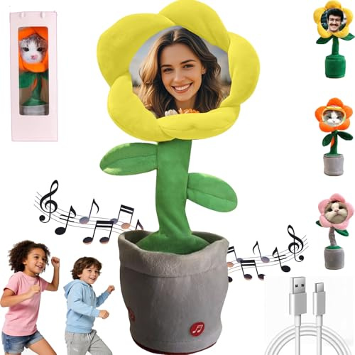 Girasole Personalizzato che Canta e Danza Fiore– Giocattolo Interattivo Ricaricabile con Custodia Regalo, Aggiungi Foto/Testo, Regalo Perfetto per Compleanni e Feste，Ripete ciò che Dici, (Yellow)