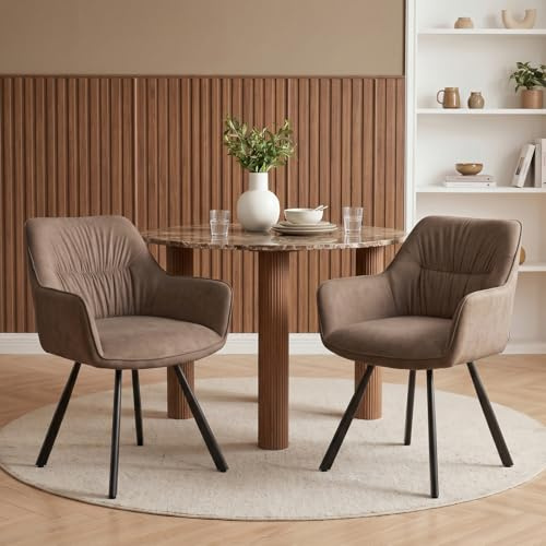 WAFTING Esszimmerstühle 360° drehbar 2er Set, Armlehnstuhl aus Mikrofaser-Velours mit Metallgestell und Lehne, Moderner Polsterstuhl für Esszimmer, Küche, Wohnzimmer, Braun