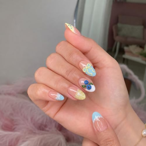 30Pcs Summer Press On Nails Almond Short French Tip 3D Lemon Blueberry Bow Fake Nails Reusable Acrylic Summer Nails Summer Press On Nails DIY Nail Kit for Women Cute Fruit Design