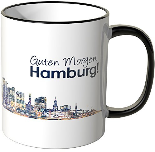 WANDKINGS® Tasse, Schriftzug Guten Morgen Hamburg! mit Skyline bei Nacht - SCHWARZ