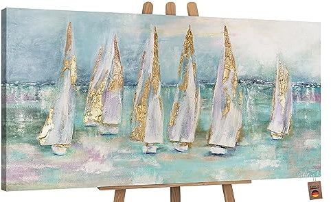 YS-Art Abstrakt Acryl Gemälde auf Leinwand handgemalt Segelboote Wandbilder Wohnzimmer Moderne Blaue Meereslandschaft Wohndekor Bilder echte Kunst 120x60 cm