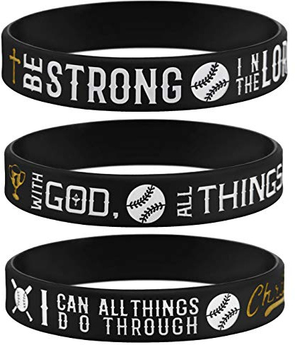 Sainstone Power of Faith Baseball Bible Verse Silicone Wristbands with Christian Inspirational Sayings, Set 3 of Scriptures Motivational Rubber Bracelets Sports Gifts1 (Black Golden)