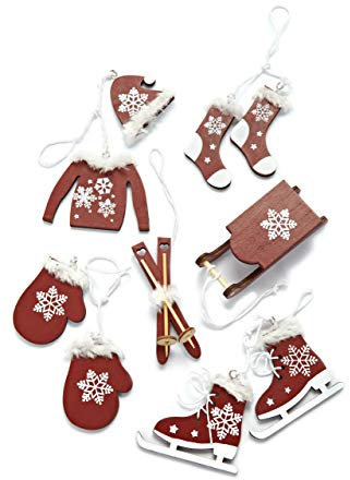 Heitmann Deco Weihnachtsbaumschmuck, Holz, Bordeaux/weiß, 7-10cm, 6