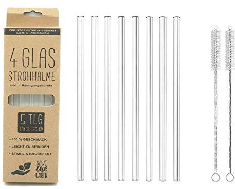 Vanorell 8 Stück Glasstrohhalme Glas Strohhalme Wiederverwendbar Trinkhalm 20 cm + plastikfreie Reinigungsbürste Spülmaschinenfest Glastrinkhalme Glasstrohhalme Long-Drinks Smoothies Saft